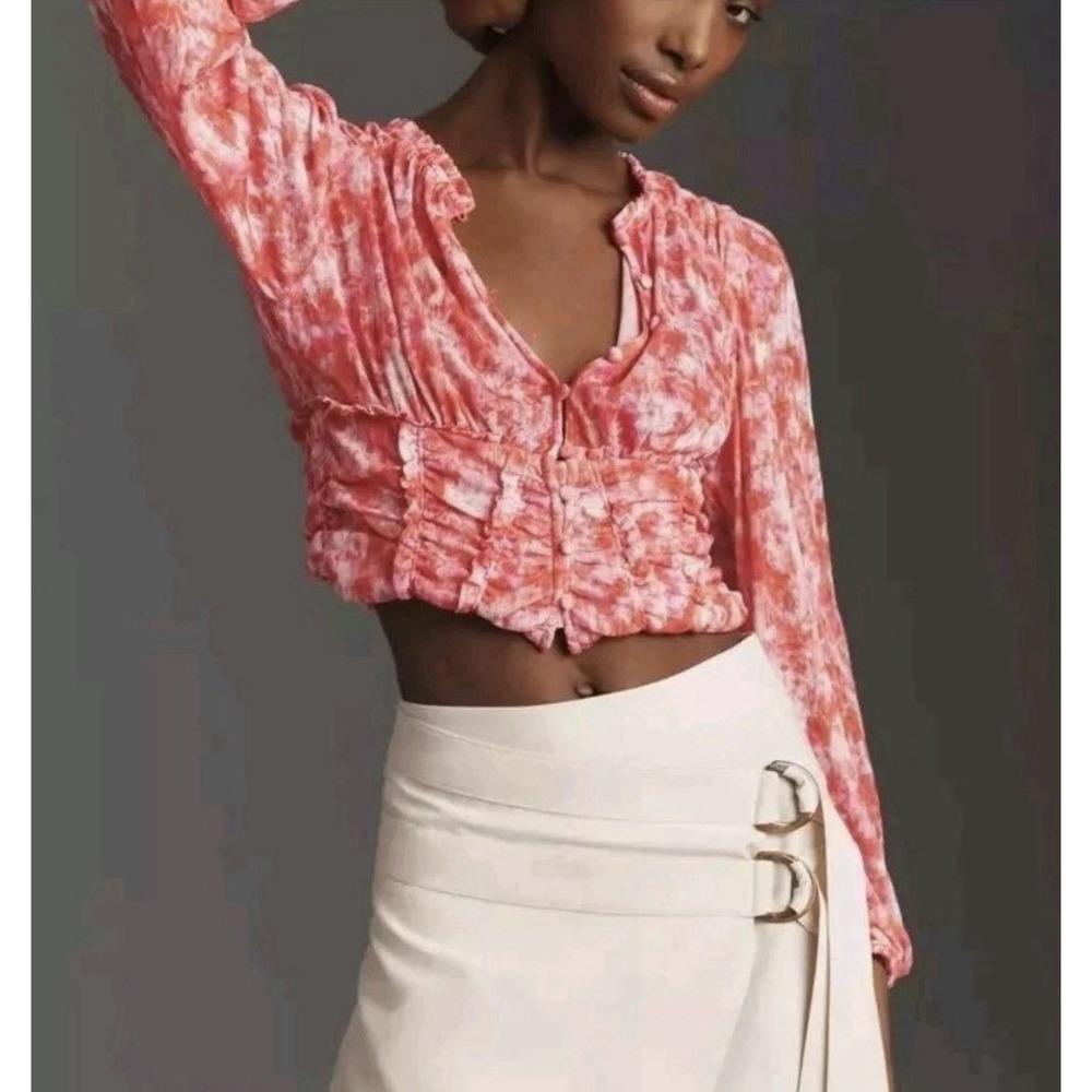Anthropologie Orange Button Front Ruched Crop Blouse Puff Sleeve Romantic L $88